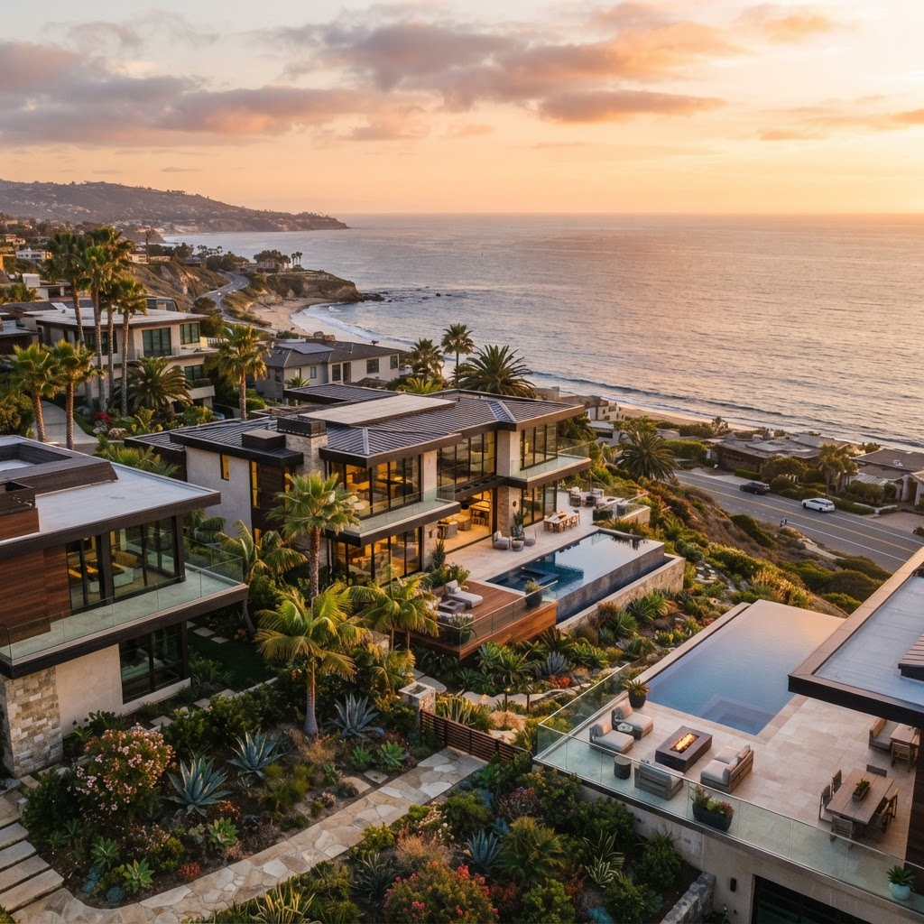 Luxury coastal homes overlooking the Pacific ocean at golden hour